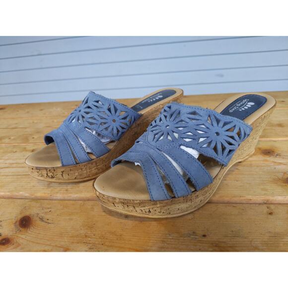 Spring Step Italian Leather Wedge Sandals Size 39/8.5 Blue Floral Cutout Cork - Picture 1 of 9